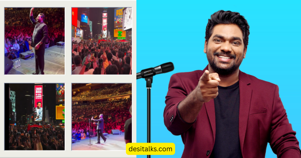 Zakir Khan performing Hindi comedy live on stage at Madison Square Garden, New York