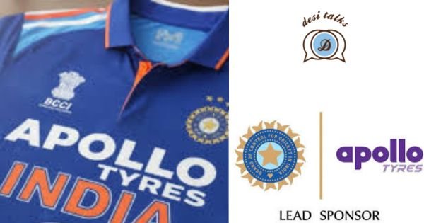 Close-up of Indian cricket jersey featuring Apollo Tyres logo