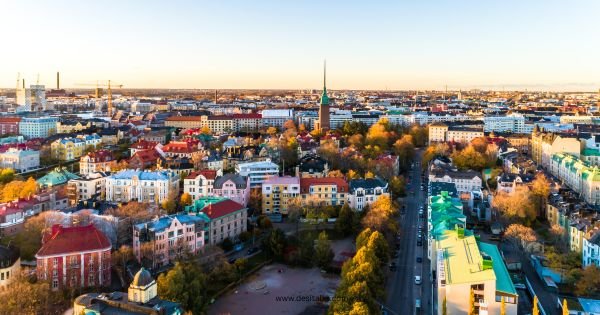 Helsinki cityscape with Indian student walking, symbolizing new life with Finland PR