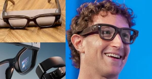 Mark Zuckerberg gestures on stage during the Meta Ray-Ban smart glasses launch demo