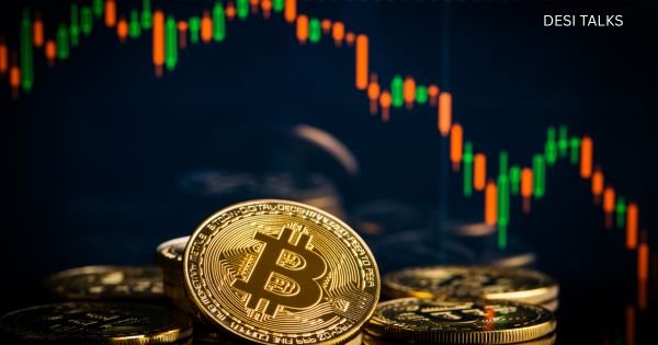 Golden Bitcoin coin in front of stock market chart representing the latest Bitcoin news and price surge beyond $117,000.