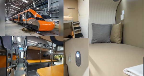 “Luxurious interior of the Vande Bharat Sleeper train featuring modern berths, soft lighting, and aircraft-style design.