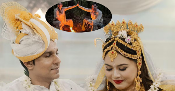 Randeep Hooda and Lin Laishram smiling together in a close-up picture, sharing their pregnancy news with fans. The couple looks happy as they celebrate their second wedding anniversary