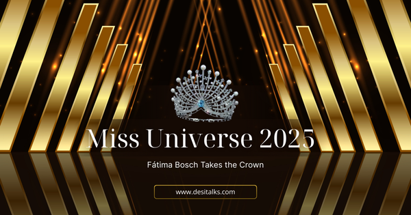 Fátima Bosch smiling on stage after being crowned Miss Universe 2025 in Thailand, wearing a jeweled crown and holding a bouquet, with audience lights in the background.