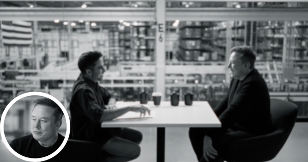 Elon Musk Nikhil Kamath Podcast interview frame with both sharing a laugh in black and white