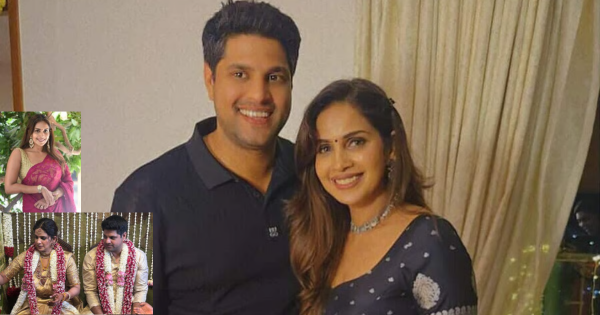 Samyuktha Shan and Aniruddha Srikkanth during their traditional South Indian wedding ceremony, smiling as they exchange vows.