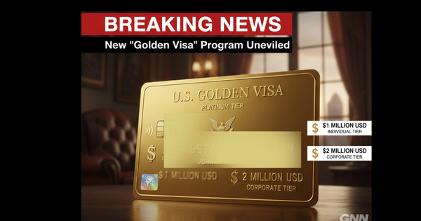 A symbolic, blurred-out golden visa card next to a digital display showing the price points: $1 million for an individual Trump Gold Card and $2 million for the corporate U.S. visa. This visual represents the new US immigration policy replacing the EB-5 program and attracting wealthy global talent.