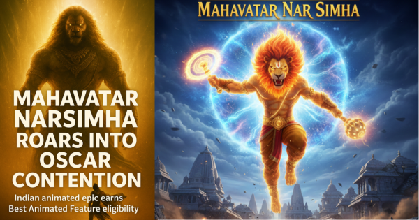 Mahavatar Narsimha emerging in golden light, towering above a warrior in a dramatic mythological animation scene