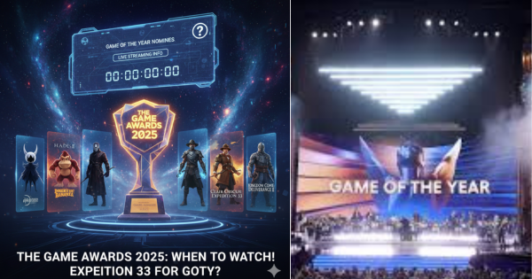 The Game Awards 2025 trophy surrounded by the six Game of the Year nominees, including Clair Obscur: Expedition 33 and Hades II.