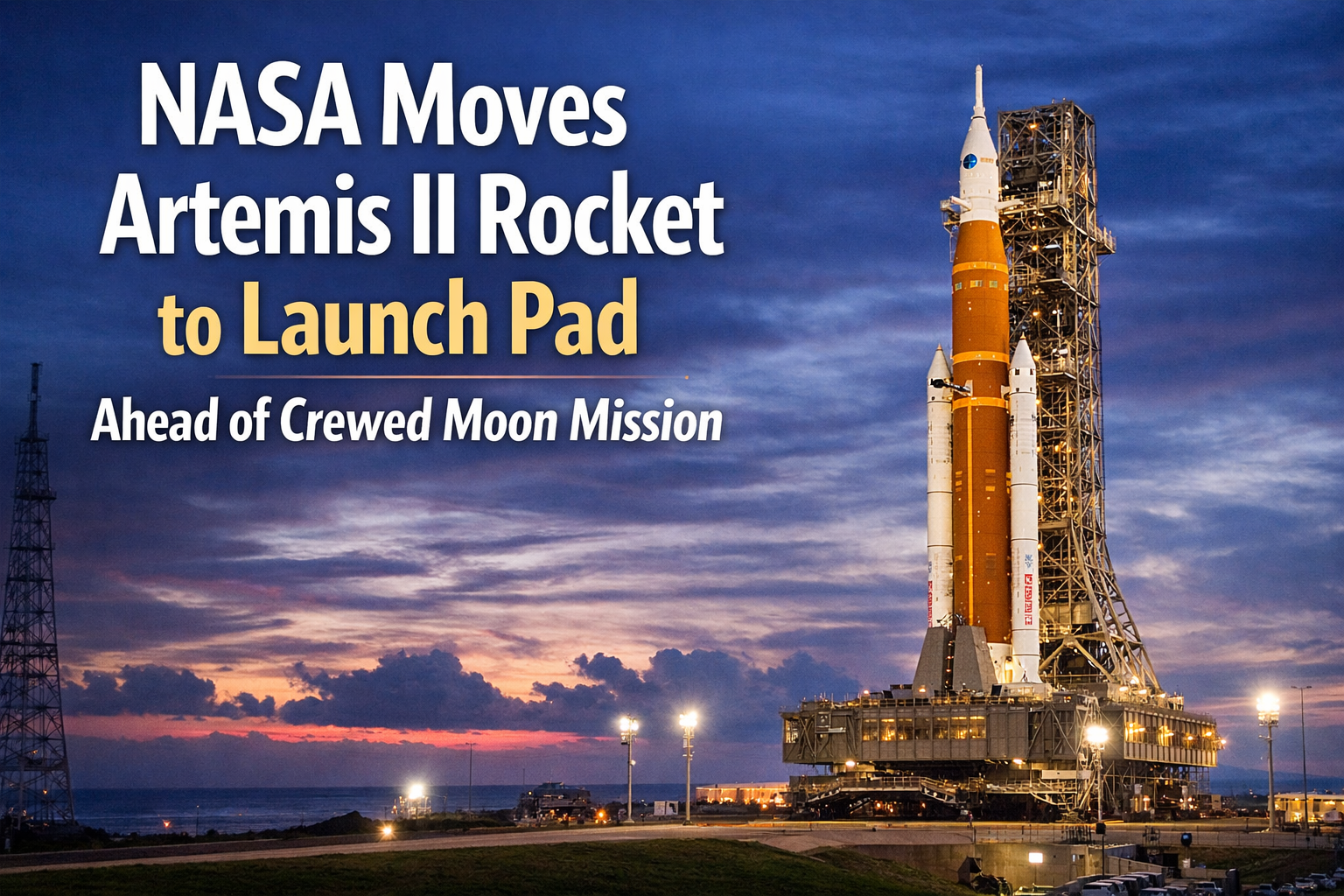 NASA moves Artemis II rocket to launch pad 39B at Kennedy Space Center ahead of upcoming crewed Moon mission.