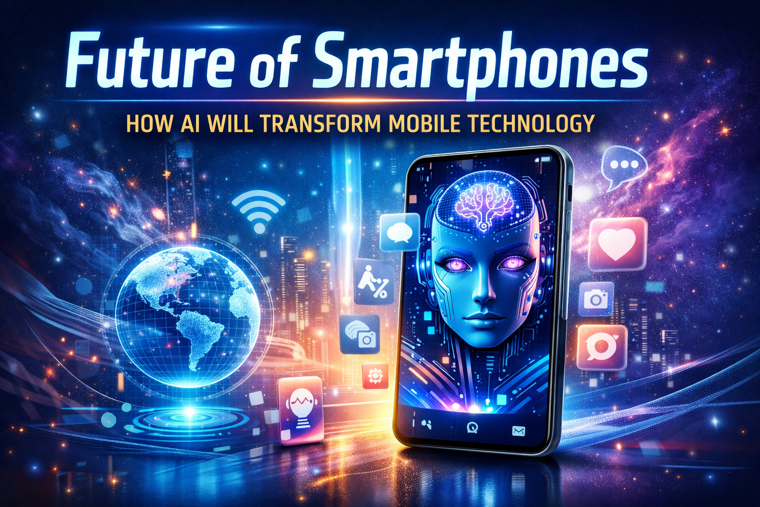 AI smartphones transforming mobile technology with futuristic interface, smart features, and global connectivity.