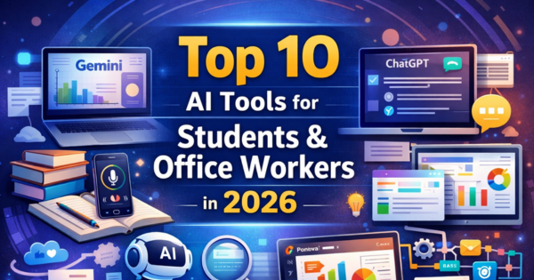 Top 10 AI Tools for Students & Office Workers in 2026 dashboard interface collage.