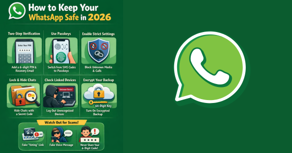 Infographic showing WhatsApp security settings for 2026 including two-step verification, passkeys, strict account settings, encrypted backup, and scam protection tips.