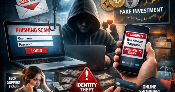 Illustration showing online scams including phishing scam, identity theft warning, fake investment fraud, and tech support cybercrime.