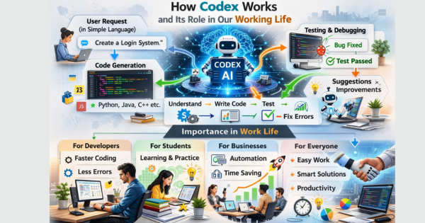 Codex AI coding assistant generating and testing code for a programmer in a futuristic office.