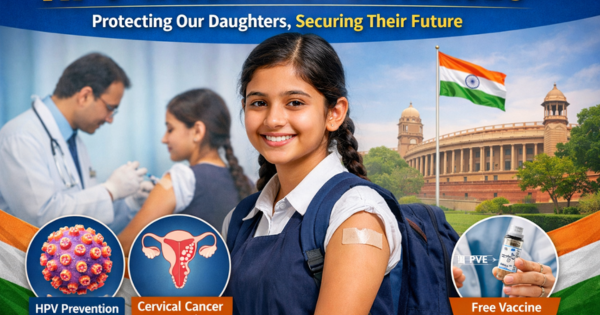 Schoolgirl receiving HPV vaccine during India’s national HPV vaccination drive for cervical cancer prevention.