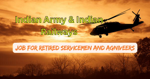 Indian Railways track with symbolic military icons and career graphics representing job opportunities for ex-servicemen.