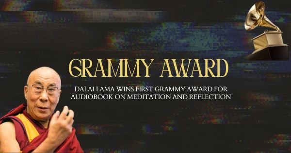 Dalai Lama addressing an audience after his meditation audiobook won a Grammy Award