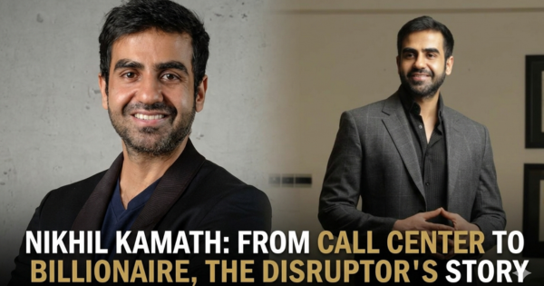 A professional composite image of Nikhil Kamath, co-founder of Zerodha, featuring a bold headline about his journey from a call center employee to a billionaire.