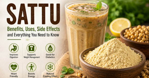 Bowl of roasted sattu powder with a spoon, showing its light brown, finely ground texture