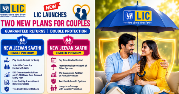 Married couple reviewing LIC New Jeevan Saathi joint life insurance plan documents in 2026