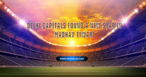 Delhi Capitals player Madhav Tiwari celebrating after taking wicket.