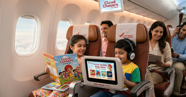 Kids using inflight entertainment during Air India’s Cloud Chasers long-haul family travel experience