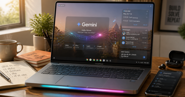 Googlebook features India 2026 — user workspace with Googlebook running Magic Pointer actions, Quick Access to phone files, and Android apps for Indian workflows.