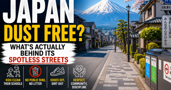Why is Japan dust free? A spotless Japanese street with Mount Fuji, showing the country's famous cleanliness and litter-free public spaces.