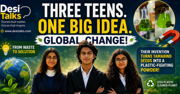 The three student inventors of Plas-Stick pictured after winning Earth Prize 2026 in Geneva